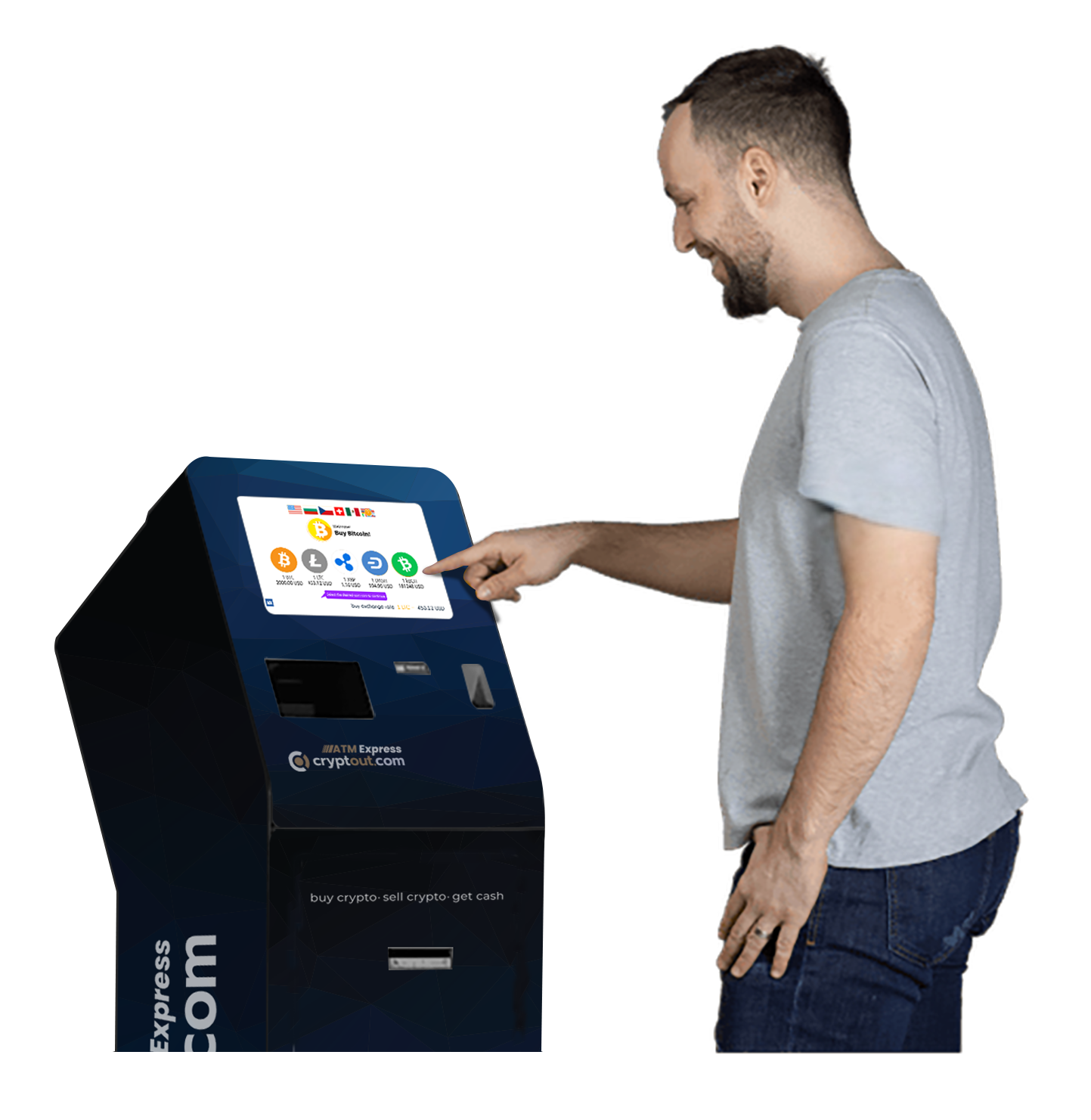 Customer selecting cryptocurrency on CryptOut ATM Express touchscreen